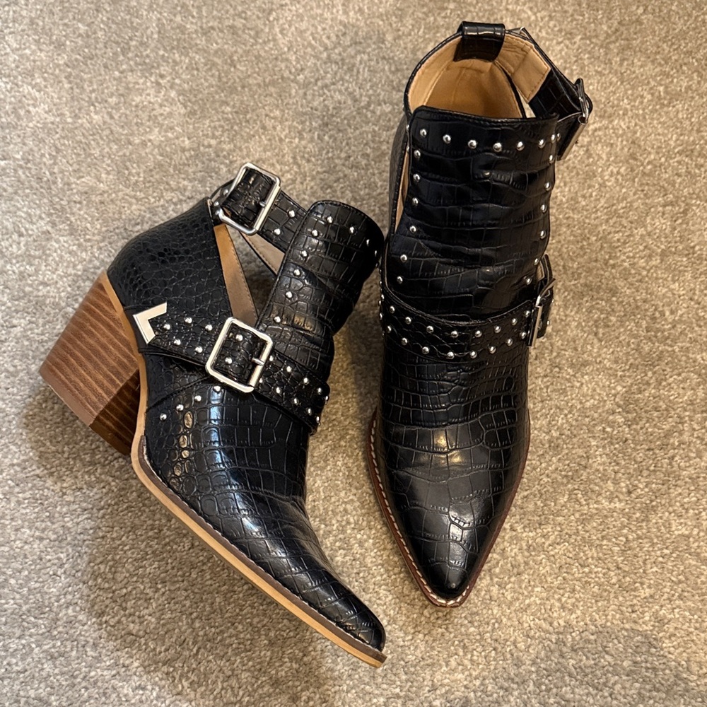 Black Croc-Embossed Ankle Boots with Studded Straps